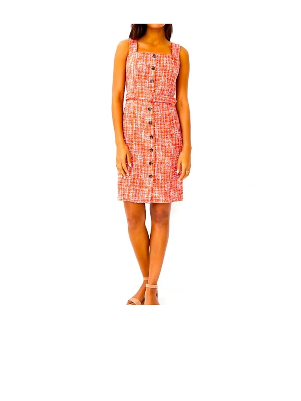 Ann Taylor Orange Tweed Button-Front Midi Dress with Belt